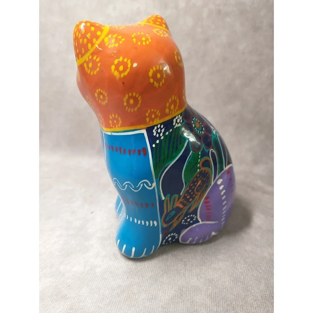 Talavera Cat Figurine Mexican Folk Art Hand Painted Redware 5.5 In Tall